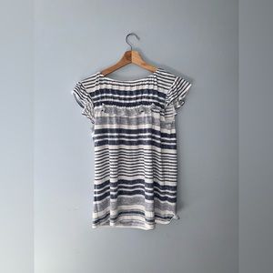 LuLaRoe XS ruffled shirt with navy blue stripes with cream.